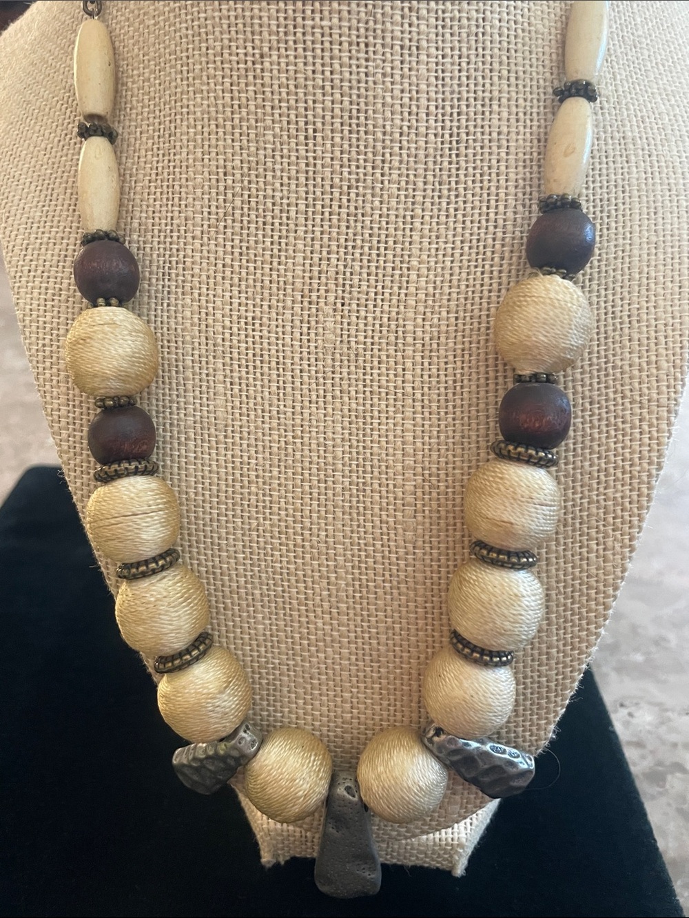 Vintage Linen Bohemian Natural Tone Beaded Statement Necklace - Cream and Brown!